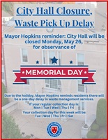 City Hall Closed Monday, May 26, for Observance of Memorial Day